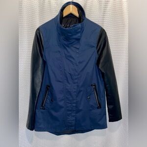 Erika navy and black faux leather front bib Jacket size medium